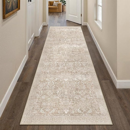2x8 Runner Rug Washable Beige Vintage Hallway Kitchen Carpet Indoor Non Slip Small Low Plie Thin Bedroom Bathroom Rug Retro Accent Throw Dining Living Room