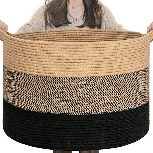 INDRESSME XXXLarge Cotton Rope Basket 21.7" x 21.7" x 13.8" Woven Baby laundry Blanket Basket for Living Room Decor, Toy Storage Baskets for Kids Boys Girls, Camel Mix & Black