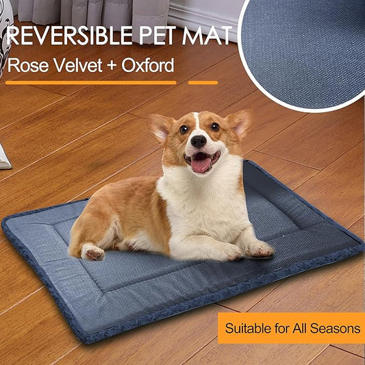 Washable Dog Bed Plush Orthopedic Outdoor Crate Mat with Non-Slip Bottom,Luxe Soft Kennel Pad for Pets, Cozy Cage Cushion & Pet Sleeping Mattress Large Sized,Medium,Small Dogs,24 x 18 inch,Blue