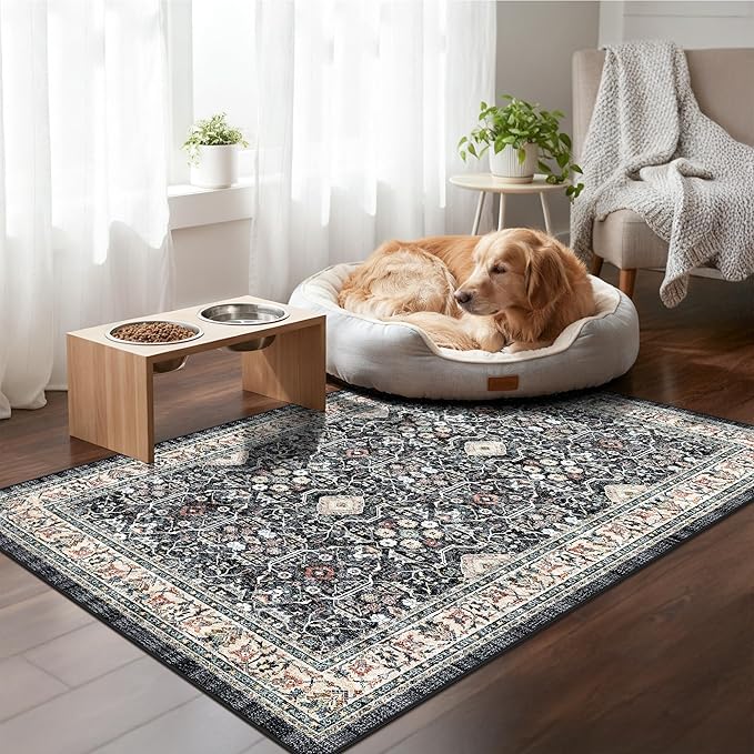 Washable Kitchen Area Rug 3x4: Indoor Non-Slip Soft Bedroom Bathroom Runners Stain Resistan Carpet for Entryway Laundry Dining Room Vintage Home Decor for Small Living Room Nursery Room(3x4,Black)