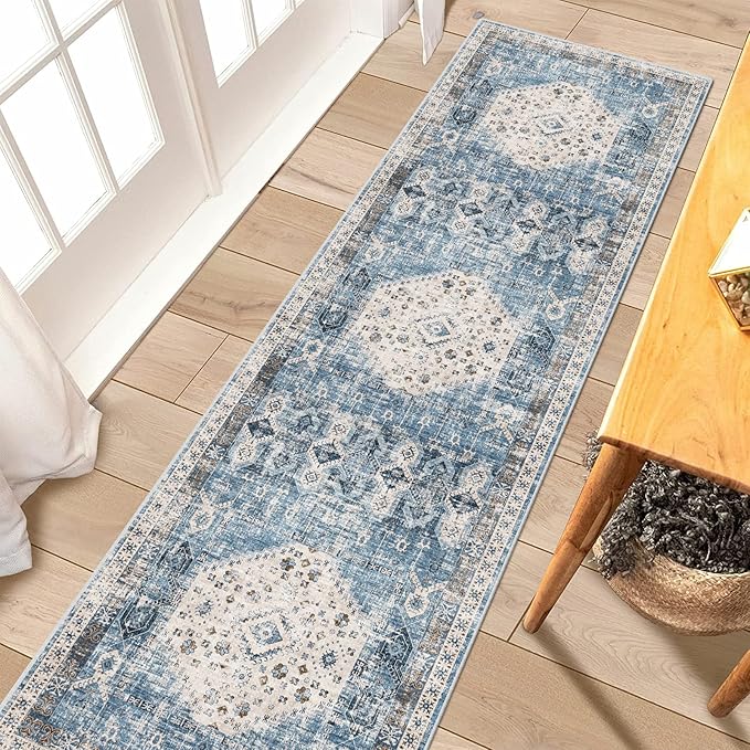 RUUGME Washable Runner Rug 2x7 - Vintage Kitchen Area Rug Stain Resistant Rugs for Living Room Bedroom Laundry Room Mat Distressed Rug Hallway Floor Carpet Runner for Bathroom 2'x7' Aqua Blue