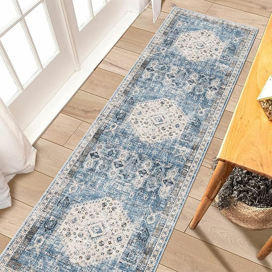RUUGME Washable Runner Rug 2x7 - Vintage Kitchen Area Rug Stain Resistant Rugs for Living Room Bedroom Laundry Room Mat Distressed Rug Hallway Floor Carpet Runner for Bathroom 2'x7' Aqua Blue