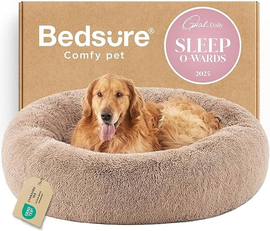 Bedsure Calming Dog Bed for Extra Large Dogs - Donut Washable Large Pet Bed, 45 inches Anti-Slip Round Fluffy Plush Faux Fur Dog Bed, Fits up to 120 lbs Pets, Camel