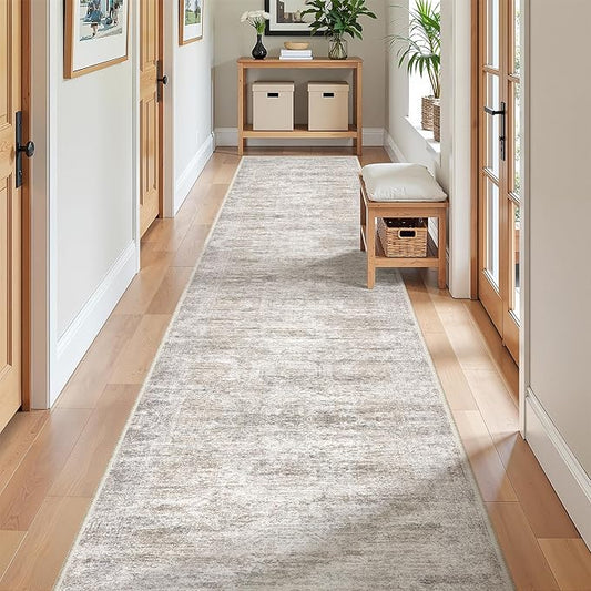 Long Hallway Runner Rug- Carpet Runners for Hallway 12ft, Anti Slip Backing Washable Rug Runner for Entrance, Living Room, Soft Low Pile Modern Rug Runner(2'x12', Brown/Grey/Ivory)