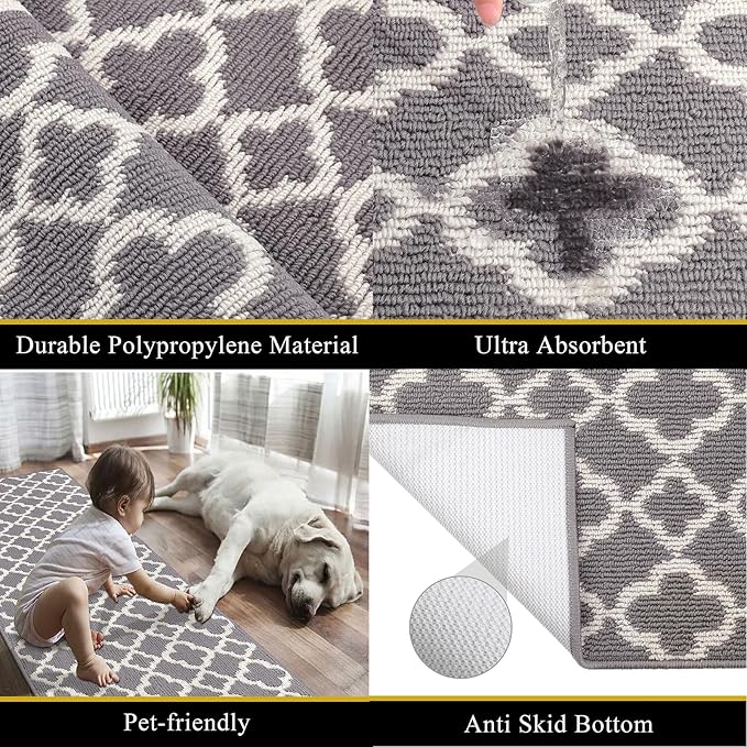 U'Artlines Long Runner Rug for Hallway 2×10feet Non Slip Kitchen Floor Carpet Runners Grey Geometric Pattern Machine Washable Area Rug for Entryway Bathroom