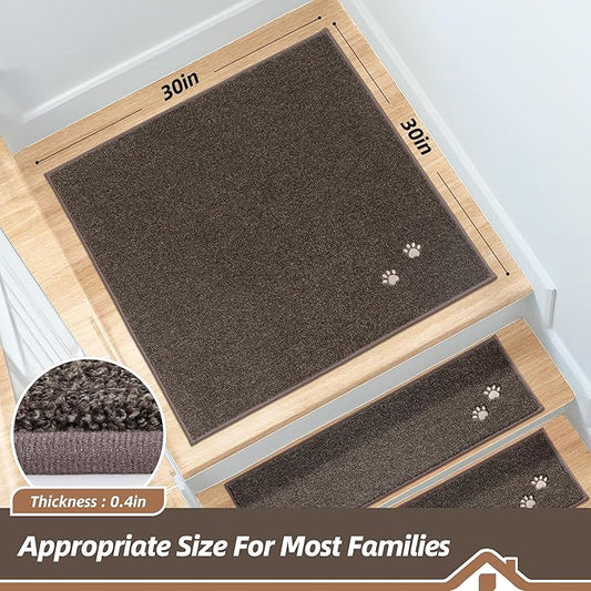 BEQHAUSE Stair Landing Rug Non-Slip 30"x30", Square Stair Landing Mats for Stairs Washable, Carpet Stair Treads Matching Mats for Wooden Steps Indoor Landing Rugs Surface Polyester TPE Backing, Brown