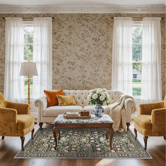 3x6 Washable Hallway Area Rugs: Vintage Floral Entryway Kitchen Runner Rug Ultra Soft Anti-Slip Beside Carpet Indoor Farmhouse Floor Mat for Bathroom Living Room Bedroom Durable Doormat(3x6,Green)