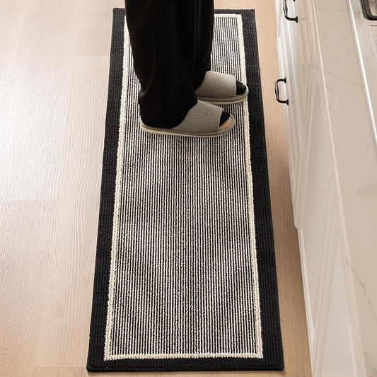 GRANNY SAYS Kitchen Mats for Floor, Kitchen Rugs Non Slip Washable, Runner Rugs for Kitchen Floor, 59" x 17.7", Stain Resistant Comfort Standing Mat Made of 100% Polypropylene, Black - White Stripes
