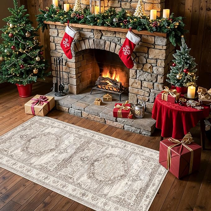 2x6 Non-Slip Runner for Hardwood Floors: Washable Short Hallway Kitchen Rug Vintage Soft Floor Mat for Living Room Bedroom Accent Farmhouse Carpet for College Dorm Stain Resistant Area Rug(Beige,2x6)