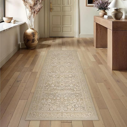 Beige Runner Rug 2x6 Washable Vintage Floral Long Carpet for Hallway Soft Low Pile Non Slip Indoor Accent Rug Retro Distressed Throw Rug for Bathroom Bedroom Laundry Dining Room