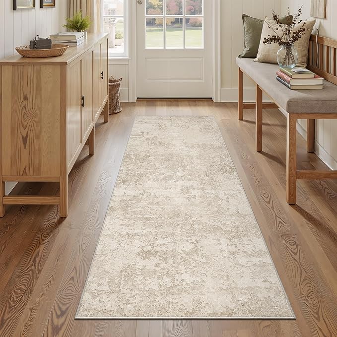 Art&Tuft Non-Slip Runner Rug - 2‘6x8 Runner Rug Washable Low-Pile Rugs Runners, Soft Distressed Carpet Runner for Bedroom Bathroom Kitchen Laundry Living Room, Beige