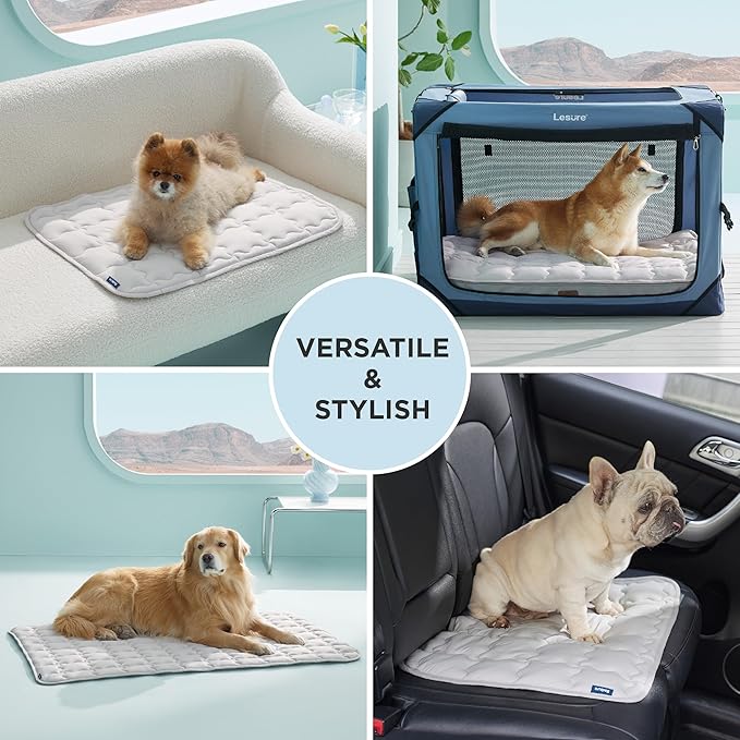 Bedsure Cooling Mat for Large Dogs, Q-Max>0.5 Thin Breathable Cold Crate Pad for Pet, Portable Washable Kennel Bed for Summer Active Dog with Chill Cool Soothing Fabric to Rapid Cooling, 35x23, Grey