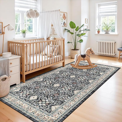 4x8 Washable Kitchen Area Rug: Farmhouse Stain-Resistant Rug for Living Room Bedroom Wide Soft Carpet for Entryway Dining Room Thin Hallway Floor Mat with Non Slip Backing Vintage Home Dcor(4x8,Black)