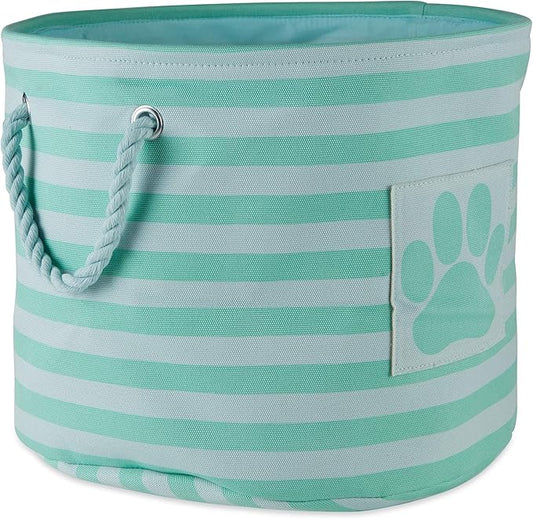Bone Dry Pet Storage Collection Striped Paw Patch Bin, Aqua, Small Round