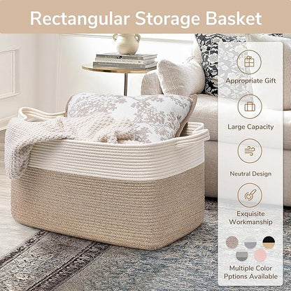 Goodpick Large Woven Blanket Basket, 21.6" x 14.9" x 11.8" Storage Baskets for Organizing, Rectangle Cotton Rope Toy Basket for Living Room, Bedroom, White & Brown