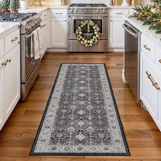 Hallway 2x5 Washable Runner Rug: Oriental Stain Resistant Kitchen Entryway Rugs Farmhouse Ultra Soft Bathroom Bedroom Print Floor Mat Thin Non Slip Indoor Carpet for Living Room Laudry(2X5,Black)