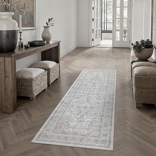 Gray 2x6 Runner Rug Hallway Washable Vintage Carpet Kitchen Long Small Indoor Non Slip Soft Low Pile Thin Stain Resistant Distressed Accent Throw Rug for Bedroom Laundry Office Living Room
