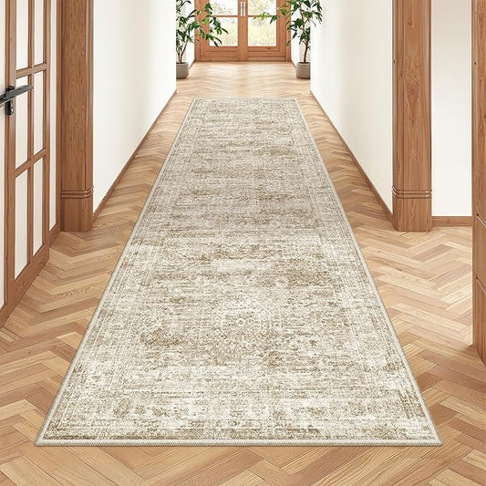 2x7 Runner Rug Non Slip, Thin Entryway Washable Rug for Entryway, Runners for Hallways, Low Pile Vintage Abstract Soft Rugs for Living Room, Kitchen, Bedroom(2'x7', Brown/Ivory)