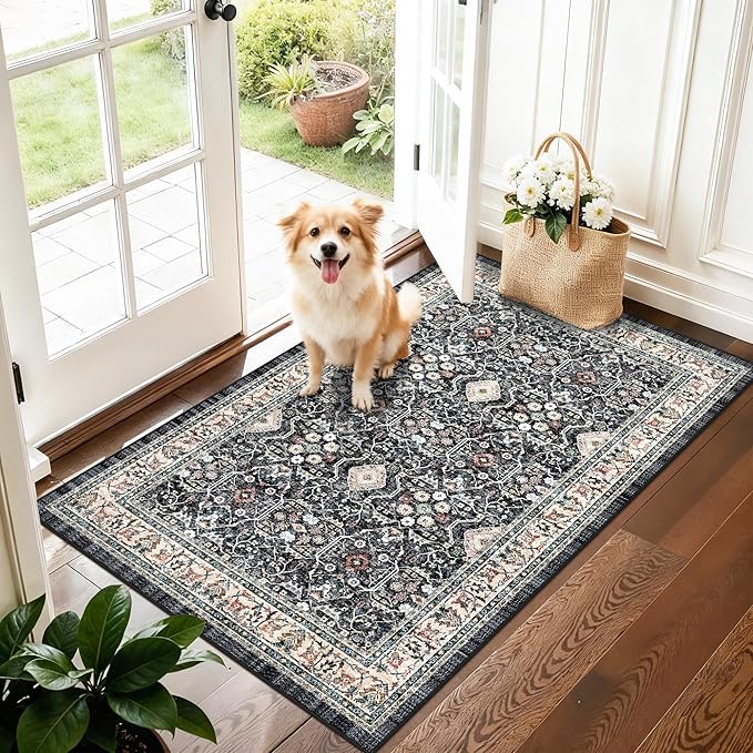 Washable Kitchen Area Rug 3x4: Indoor Non-Slip Soft Bedroom Bathroom Runners Stain Resistan Carpet for Entryway Laundry Dining Room Vintage Home Decor for Small Living Room Nursery Room(3x4,Black)