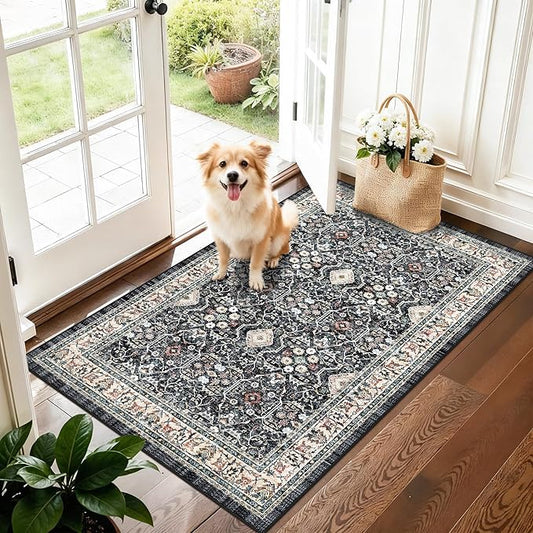 Washable Kitchen Area Rug 3x4: Indoor Non-Slip Soft Bedroom Bathroom Runners Stain Resistan Carpet for Entryway Laundry Dining Room Vintage Home Decor for Small Living Room Nursery Room(3x4,Black)