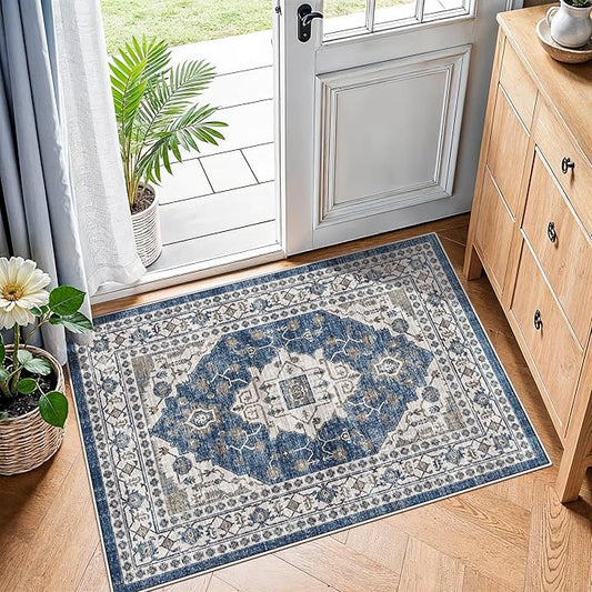 2x3 Washable Vintage Area Rug: Indoor Soft Entryway Rug with Non Slip Backing Water Resistant Carpet for Kitchen Bathroom Laundry Low Pile Door Mat Perfect for Homes with Cats & Dogs(2x3,Blue)