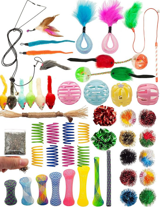 Fashion's Talk Cat Toys 50 Pcs for Indoor Cats,Interactive Door Hanging Mice Feather Toy Cat Spring Toy Cat Wand Catnip Crinkle Balls Silvervine Stick