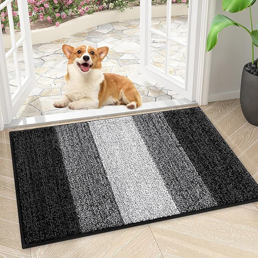 Smiry Dog Door Mat for Muddy Paws, Absorbs Moisture and Dirt, Low-Profile Entryway Mat with Non-Slip Backing, Entry Indoor Outdoor Doormat for Inside Floor (30x17 Inches, Black, Striped)