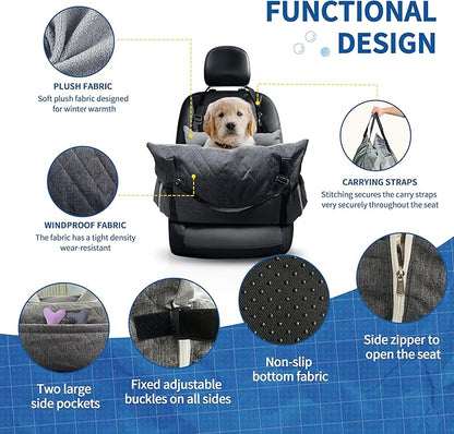 Johnear Dog Car Seat for Medium Dog Under 55 lbs, Winter Warm Pet Booster Seat Pet Travel Car Bed with 2 Pockets Safety Leash，Detachable and Waterproof Dogs Carrier Handbag Plush Seats Cushion Gray