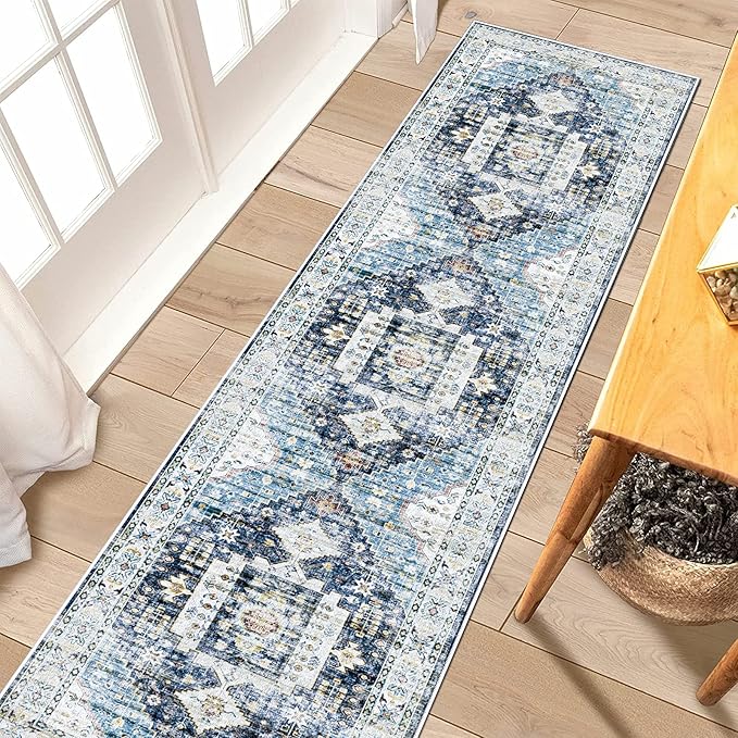 RUUGME Washable Runner Rug 2x7 - Vintage Kitchen Rugs Non Slip Stain Resistant Carpets for Living Room Bedroom Laundry Room Mat Distressed Rug Hallway Floor Carpet Runner for Bathroom 2'x7' Deep Blue