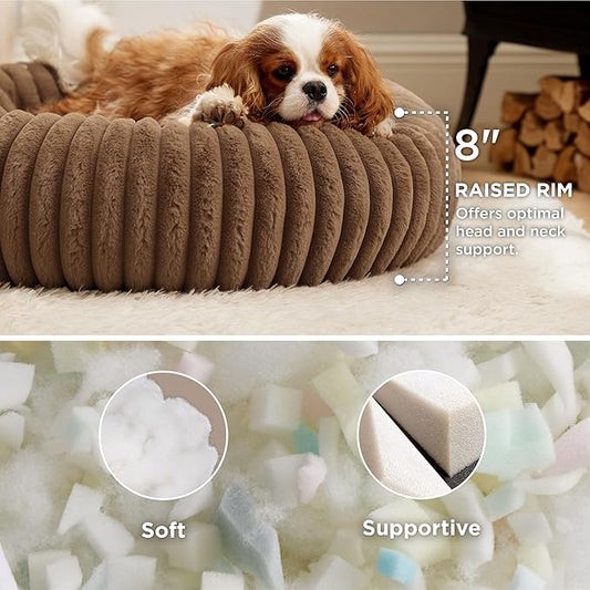 Bedsure ComfyFleece™ Donut Medium Dog Bed - Washable Faux Fur with Corduroy Fleece & Anti Slip Bottom, Round Pet Bed with Removable Cover, Camel Brown, 30x30x8 inches