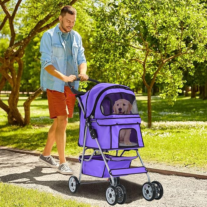 Pet Stroller for Small Medium Dogs & Cats, 4-Wheel Breathable Compact Foldable Dog Carrier with Storage Basket, Outdoor Portable Lightweight Travel Stroller for Camping,Purple