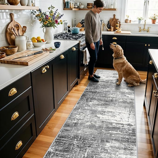 2x8 Washable Hallway Runner Rug: Abstract Stain Resistant Kitchen Rugs Farmhouse Ultra Soft Bathroom Bedroom Entryway Print Floor Mat Thin Non-Slip Indoor Carpet for Living Room Laudry(2x8,Black/Grey)