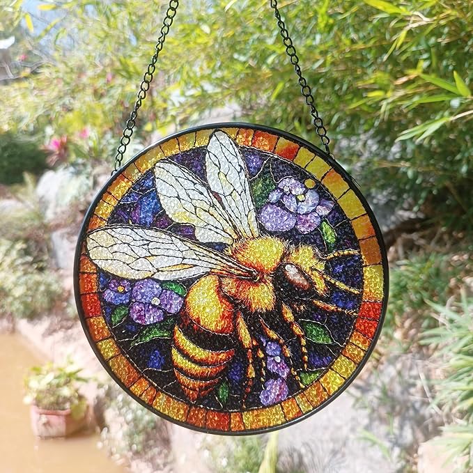 Handcrafted Bee Stained Glass Suncatcher - 7.8 Inch Window Hanging for Home, Kitchen, Porch, Terrace, Garden & Farmhouse - Perfect Mother's Day, Easter & Birthday Gift for Mom & Teachers