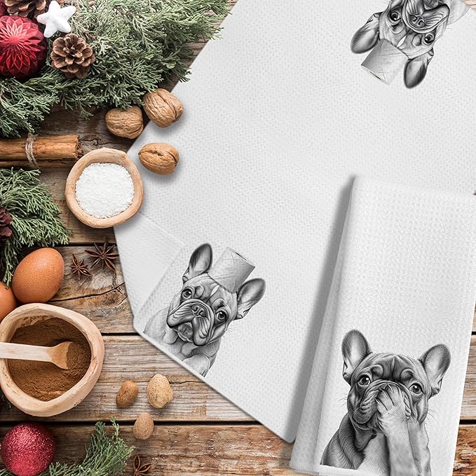French Bulldog Gifts Kitchen Towels Set of 2，French Bulldog Gifts for Women Men Decor Accessories Hand Towels for Bathroom，Funny Dog Bathroom Hand Towels，16x24 Inch
