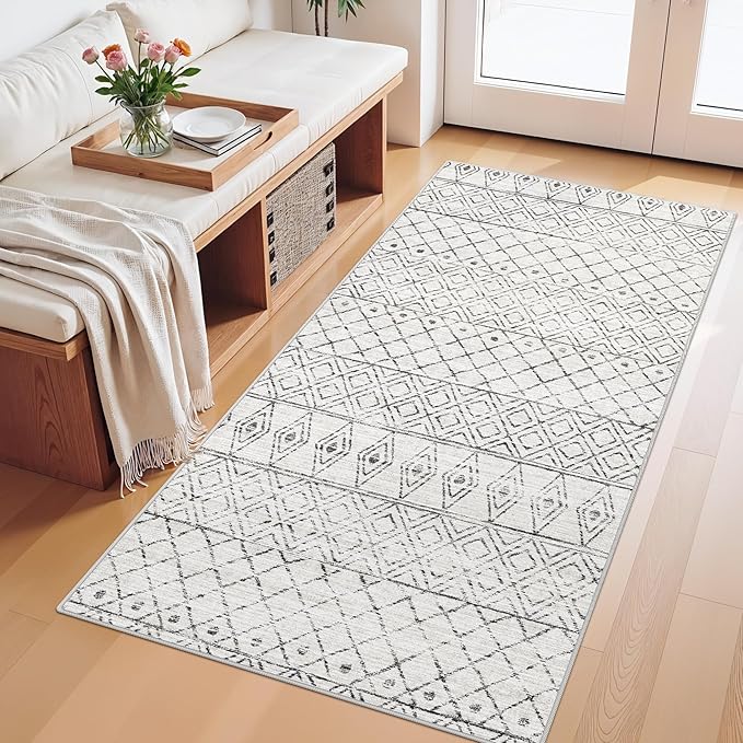 2x4 Runner Rug for Hallway: Washable Non-Slip Moroccan Rugs for Kitchen Entryway Bedroom - Soft Stain Resistant Easy Clean Mat for Family with Pets 2x4 Geo Grey
