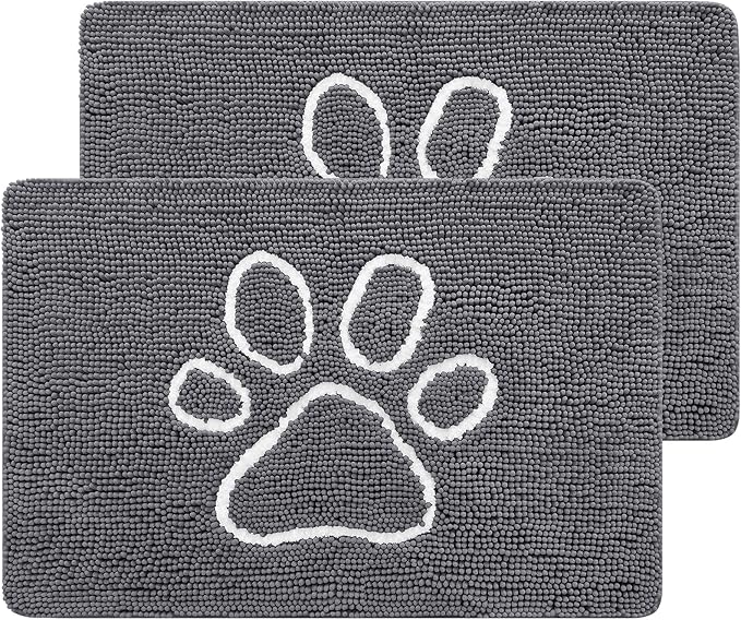 Smiry 2 Piece Dog Door Mat for Muddy Paws, Absorbent Dirt Trapper Non Slip Quick Dry Washable Chenille Mat for Mud Dogs, Entry Rug for Indoor and Outdoor (30x20 Inches, Dark Grey)