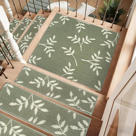 Carpet Stair Treads, Non-Slip Landing Mat for Wooden Steps Indoor, 30"x 30" Peel and Stick Soft Stair Rugs for Pets Non Skid Wood Staircase Step Treads Reusable, Green