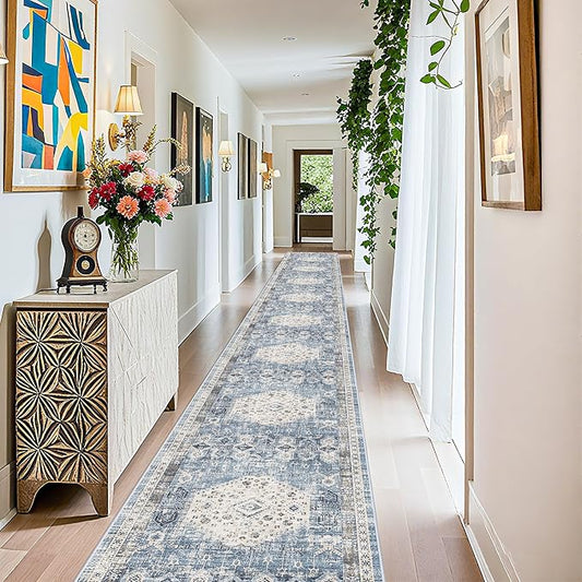 RUUGME Hallway Runner Rug 3x25 - Indoor Extra Long Vintage Non Slip Rugs for Entryway Hall Kitchen Living Room Low Pile Stain Resistant Carpet Durable Home Decor Floor Mat 3'x25' Aqua Blue