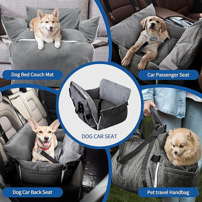 Johnear Dog Car Seat for Medium Dog Under 55 lbs, Winter Warm Pet Booster Seat Pet Travel Car Bed with 2 Pockets Safety Leash，Detachable and Waterproof Dogs Carrier Handbag Plush Seats Cushion Gray