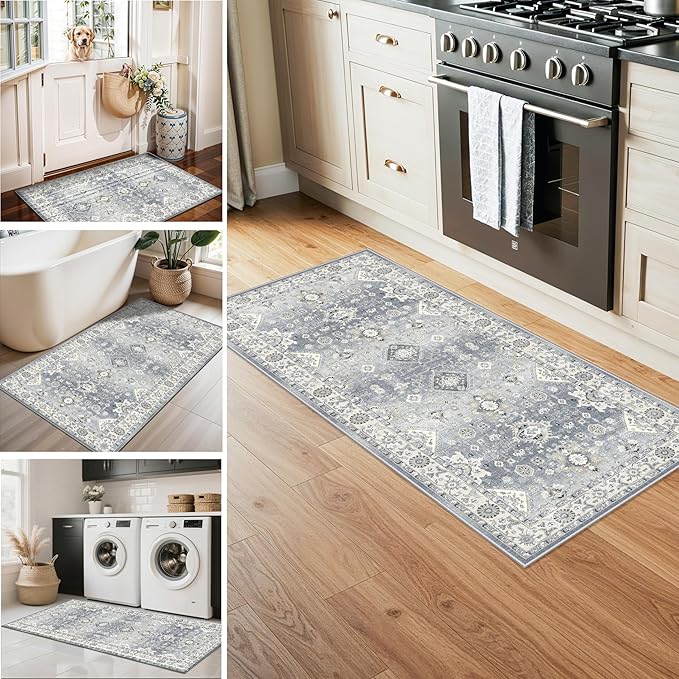 4 Pieces Kitchen Rug Set: Washable Farmhouse Non-Slip Kitchen Sink Floor Mats Easy Clean Water-Resistant Runners for Hallway Bathroom Soft Decorative Carpet for Pet Feeding Area(2x3+2x4+2x5+2x6,Grey)