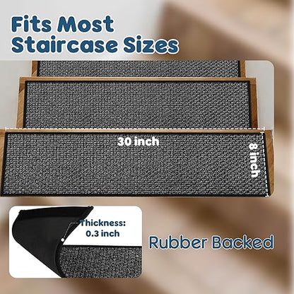 GOYLSER Peel and Stick Adhesive Stair Treads for Wooden Steps Indoor Set of 15 Pack, Rubber Backed Non Slip Jute Stair Rug Step Pads for Pet Dog, Elders and Kids, Black