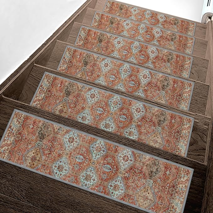 Non Slip Stair Treads for Wooden Steps 15PCS - 8"x30" Indoor Safety Carpet, Edging Mats with TPE Adhesive Backing, Pet and Elderly Friendly Stair Rugs (Rust)