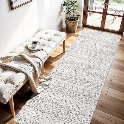 Rug Runners 2x8 for Hallway: Washable Moroccan Rugs Non Slip for Kitchen Entryway Bedroom - Soft Stain Resistant Easy Clean Mat for Family with Pets 2x8 Geo Grey