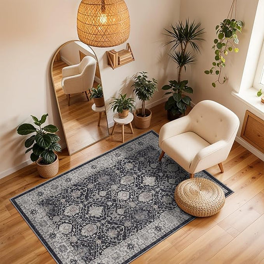 Washable 3x4 Entryway Area Rugs: Ultra Soft Low Pile Carpet for Kitchen Nursery Indoor Light-Weight Doormat Anti-Slip Thin Entry Rug for Living Room Bedroom Small Vintage Floor Mat(3x4,Black)
