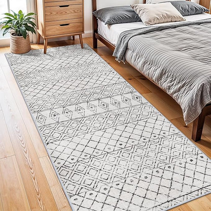 Moroccan 3x8 Runner Rug Hallway: Washable Farmhouse Runners - Non Slip Low Pile Soft Kitchen Rugs - Modern Indoor Floor Neutral Carpet for Bedroom Entryway Laundry 3x8 Geo Grey