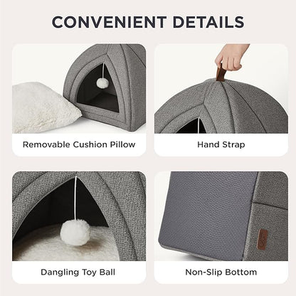 Bedsure Cat Beds for Indoor Cats - 2 in 1 Cat Cave House Tent for Kittens and Small Pets with Removable Washable Cushioned Pillow, Foldable Kitten Hideaway with Non-Slip Bottom, Grey, 17.3 inches