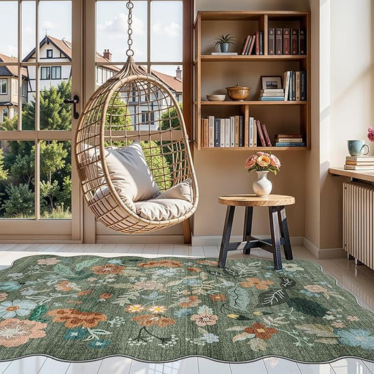 4x6 Living Room Area Rugs: Washable Farmhouse Nursery Kitchen Floral Rugs Non-Slip Small Cute Bedroom Carpet Non-Shedding Floor Mat for Kids Room University dormitory Decorative Rugs(4x6,Floral/Green)