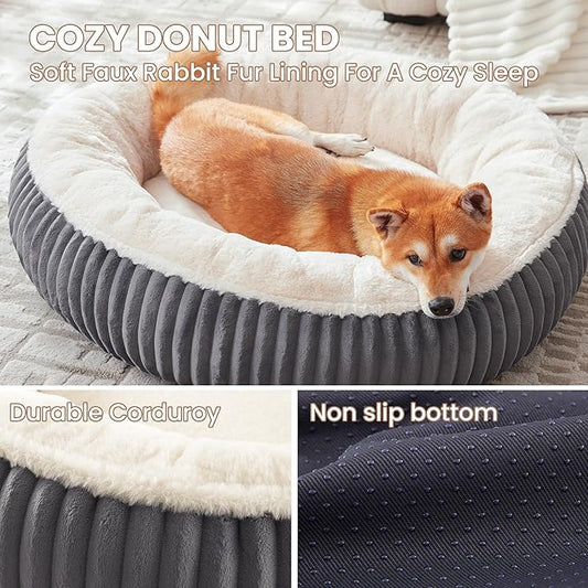 33 inches Donut Dog Bed for Medium Large Dogs,Calming Round Pet Bed with Removable Cover,Washable Milk Plush Faux Fur, Fits up to 50 lbs Pets(Charcoal,M Plus)