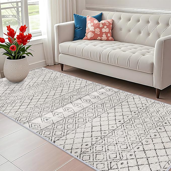 4x10 Rug for Hallway - Washable Moroccan Runner Rugs Non Slip Pets Friendly Runner Low Pile Soft Indoor Floor Mat Front Door for Kitchen Bedroom Entryway Laundry 4x10 Geo Grey