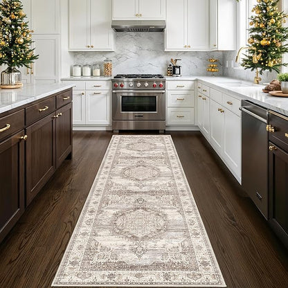 Washable 3x10 Long Hallway Runners, Vingtage Ultra Soft Carpet for Bedroom Living Room Non Shedding Accent Rug for Kitchen Farmhouse Non-Slip Floor Mat for Dining Room Bathroom (Beige,3x10)